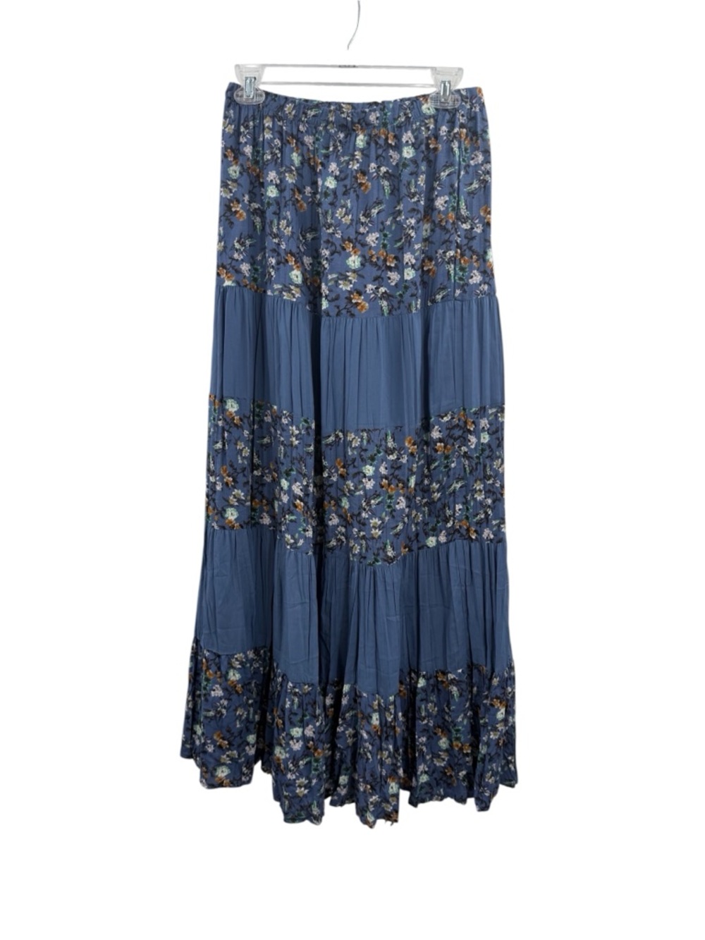 Solitaire Blue Floral Tiered Maxi Skirt Boho Cottagecore Flowing Elastic Waist - Picture 6 of 7